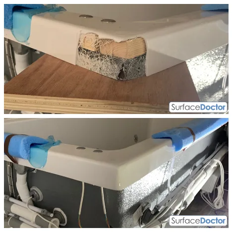 Broken acrylic bath corner, rebuilt and refinished (before and after)