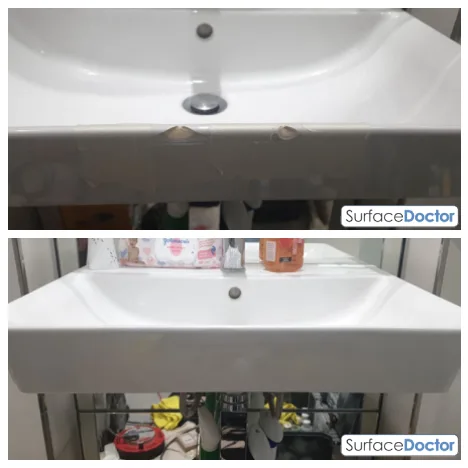 Chipped basin edge, before and after repair