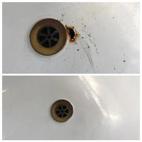 Rusty chip by a bath plughole, before and after repair