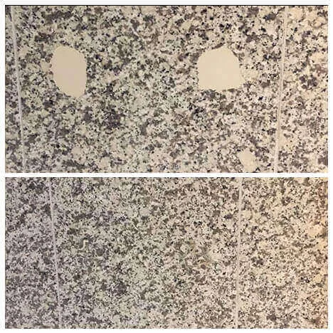 Chips in speckled granite tiles filled and colour matched, before and after