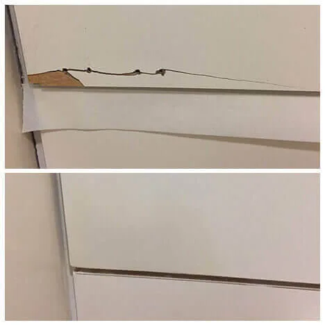 Damaged white panel edge repaired, before and after