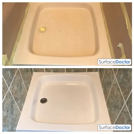Stained shower tray resurfaced to white, before and after