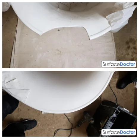 Broken toilet pan rim rebuilt and refinished, before and after